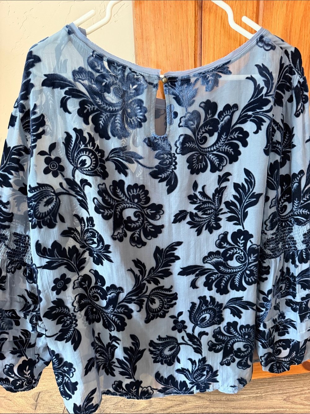 Sundance Boho Floral Burnout Velvet Top Silk Blend Bell Sleeves Blue, medium - Picture 8 of 10